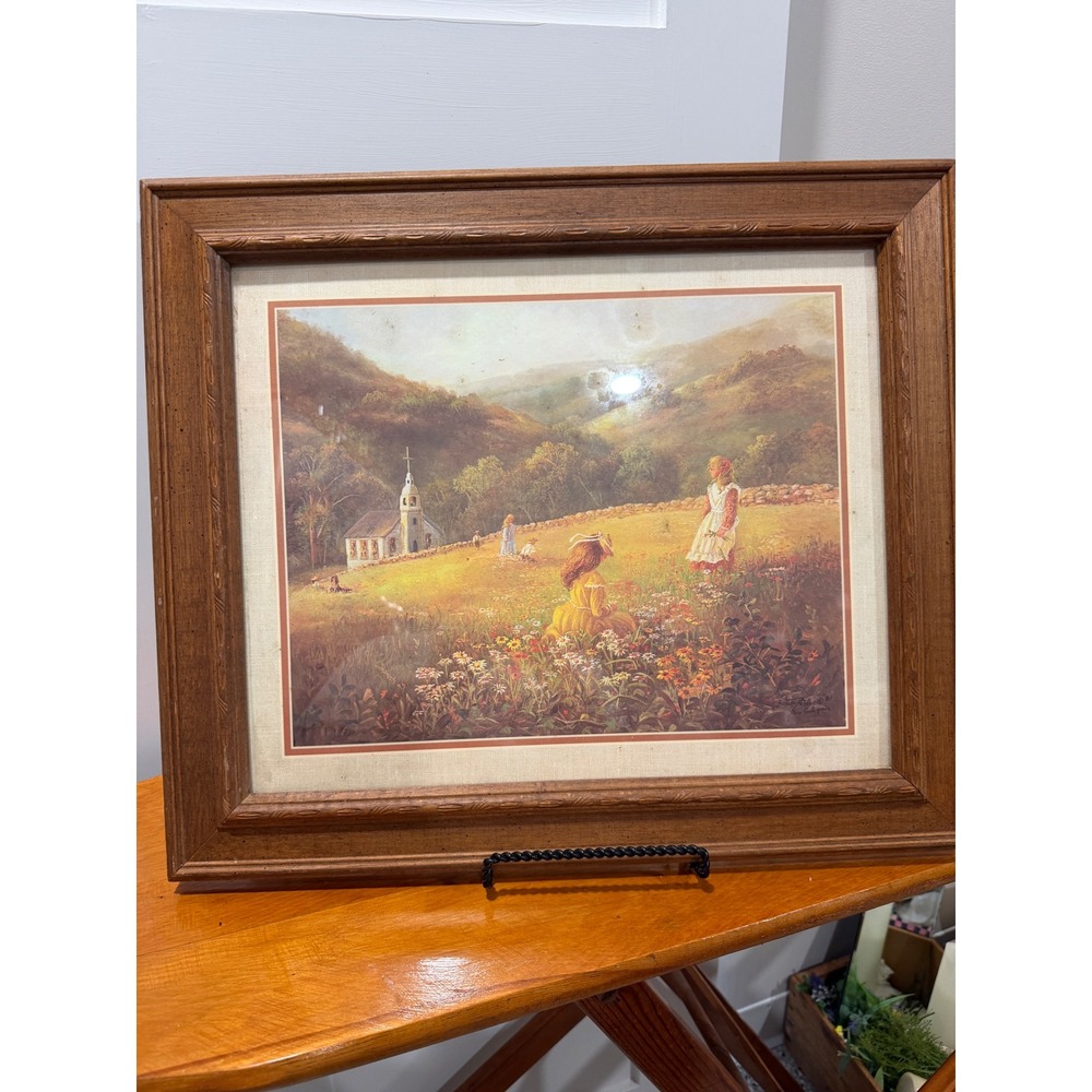 Vintage 1981 Bettie Felder Thru Gods Grace Framed Print Church Meadow 20x17